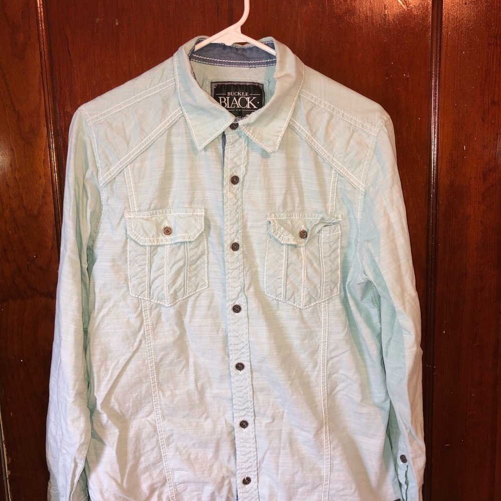 Men’s Sky Blue Buckle Long Sleeve Button Up